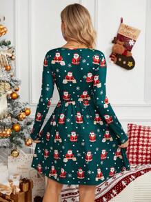 SHEIN LUNE Christmas Print A-line Dress - Dark Green - View 3