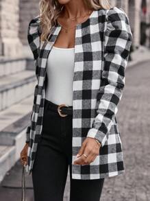 SHEIN Clasi Buffalo Plaid Print Gigot Sleeve Open Front Coat - Multicolor - View 4