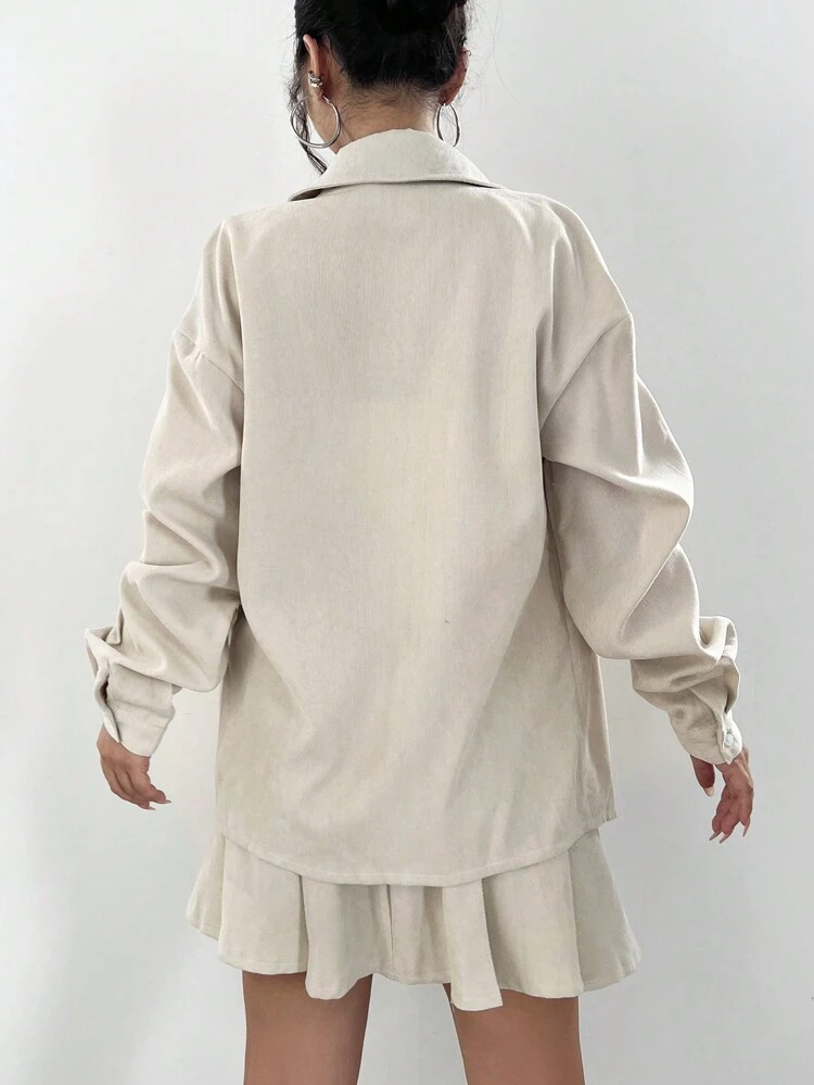Solid Drop Shoulder Shirt & Pleated Skirt Fall Cloth For Women