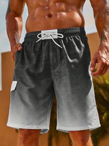 Manfinity Swimmode 男式渐变色翻盖口袋抽绳腰泳裤，夏威夷风 - 黑與白 - 查看 3