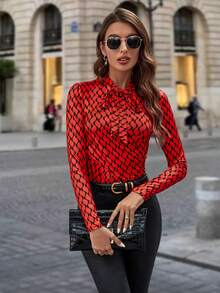 SHEIN Clasi Allover Print Tie Neck Bodysuit - Multicolor - View 6