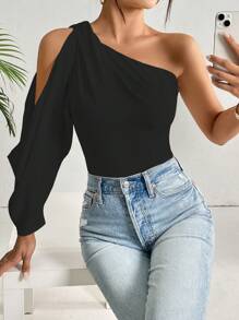 Firerie One Shoulder Lantern Sleeve Solid Blouse - Black - View 4