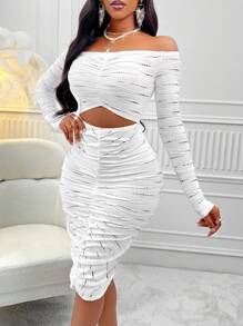 AIJ Amarilo Off Shoulder Hollow Waist Gathered Fitted Dress - White - View 5