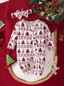 SHEIN Baby Girl Christmas Tree Print Button Front Jumpsuit & Headband - Multicolor - View 1
