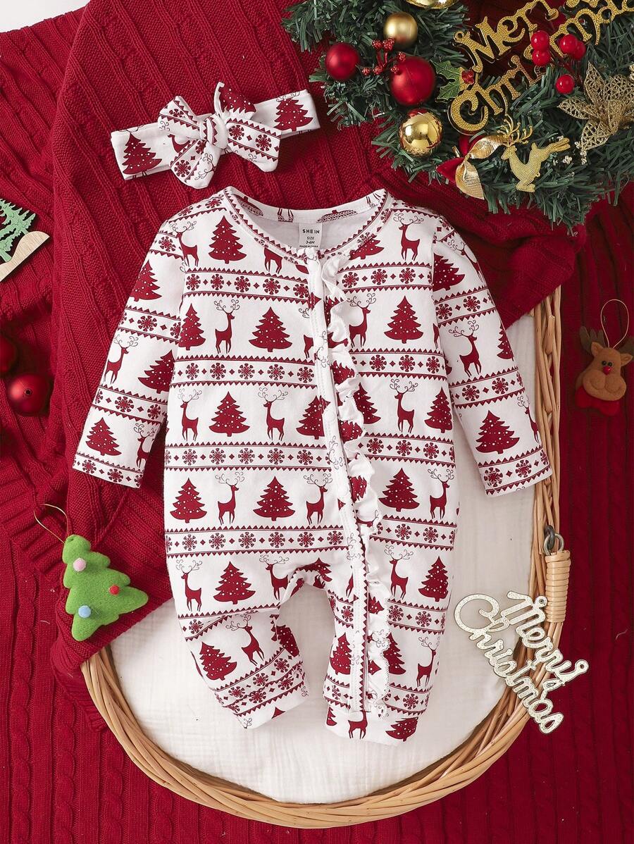 SHEIN Baby Girl Christmas Tree Print Button Front Jumpsuit & Headband - Multicolor - View 1