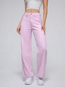 SHEIN EZwear 素色闊腿牛仔褲 - 粉色 - 查看 1