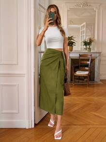 Poéselle Falda unicolor cruzado con nudo lateral - Verde Oliva - Ver 1