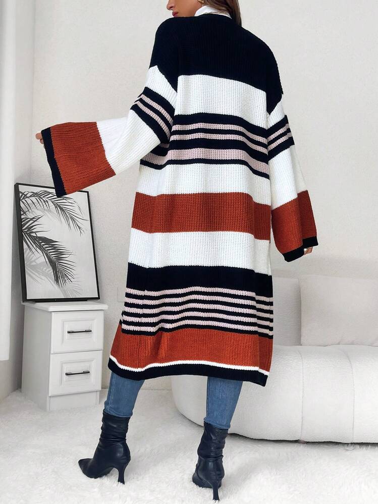 SHEIN Maternity Striped Pattern Colorblock Drop Shoulder Cardigan, For Winter - Multicolor - View 2