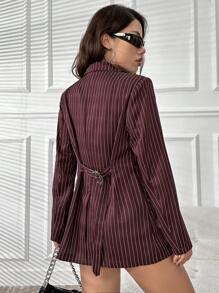 SHEIN Privé Striped Print Lapel Neck Blazer - Coffee Brown - View 2
