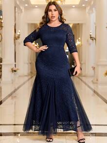 MIUSOL Plus Mermaid Hem Lace Formal Dress - Navy Blue - View 4