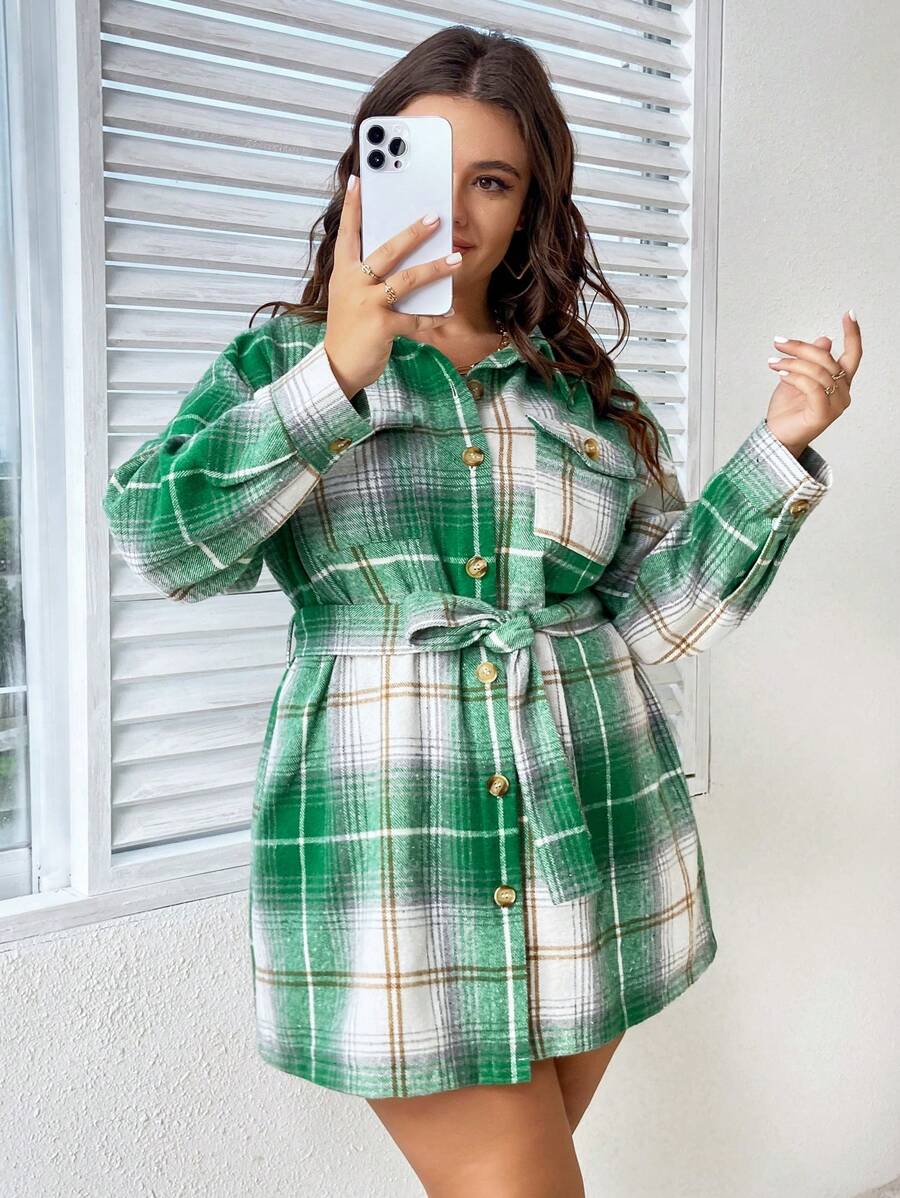 SHEIN Unity Plus Plaid Print Drop Shoulder Belted Coat - Green - View 1