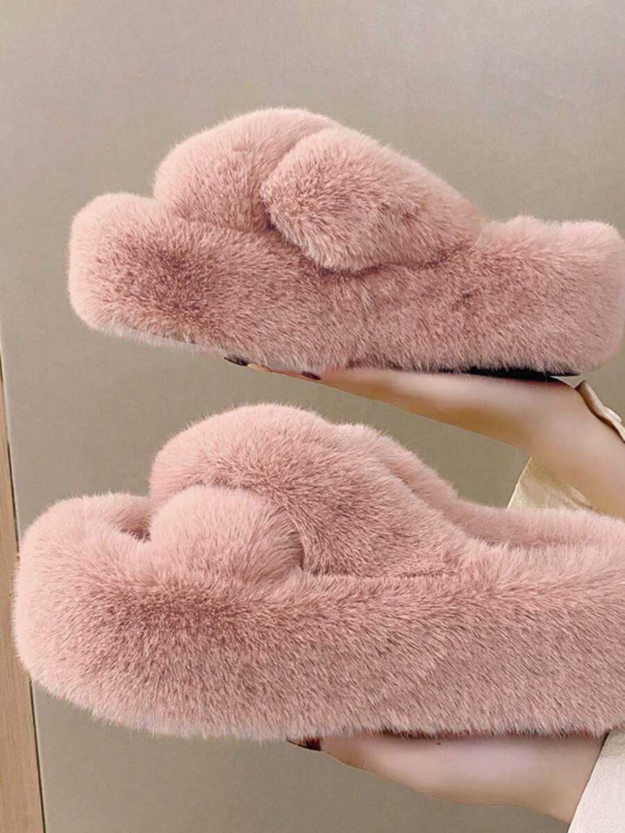 Dép lông màu hồng trơn dành cho nữ có đế dày, hoàn hảo để mặc trong nhà và ngoài trời vào mùa thu đông - Hồng - Xem 1
