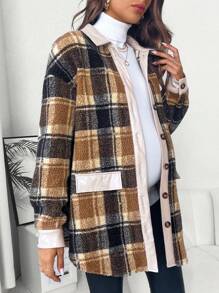 SHEIN Maternity Plaid Print Drop Shoulder Contrast Trim Coat - Brown - View 5