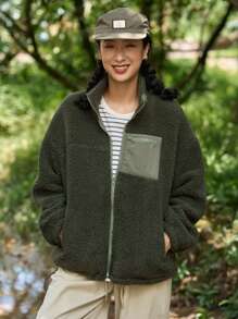 DAZY Dây kéo Thả vai Áo Teddy Jackets - màu xanh lá - Xem 7