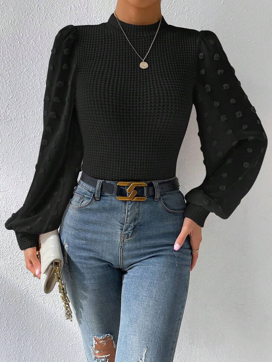 Chiquease Top de lunares de manga farol de cuello alto - Negro - Ver 1