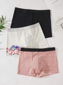 男士3入組花卉圖案豹紋印花織帶拼接腰男式泳褲 - 彩色 - 查看 7