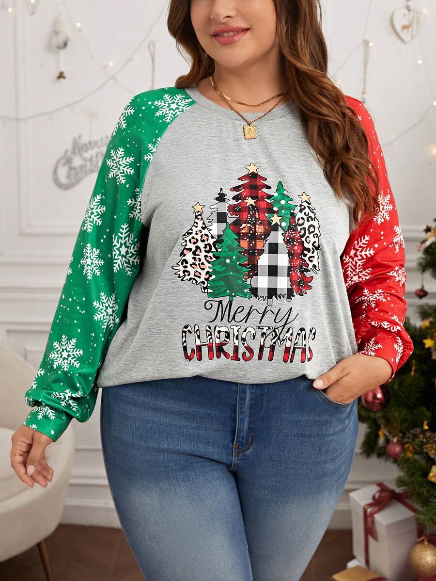 SHEIN LUNE 大碼聖誕圖案插肩袖T恤 - 彩色 - 查看 1