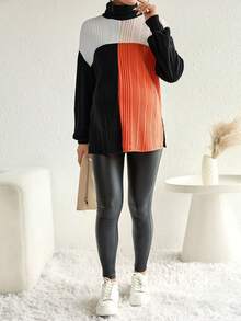 SHEIN 孕婦拼色高領落肩T恤 - 黑色 - 查看 4