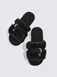 時尚潮流涼爽舒適防滑休閒家居冬季保暖毛絨拖鞋 - 黑色 - 查看 1