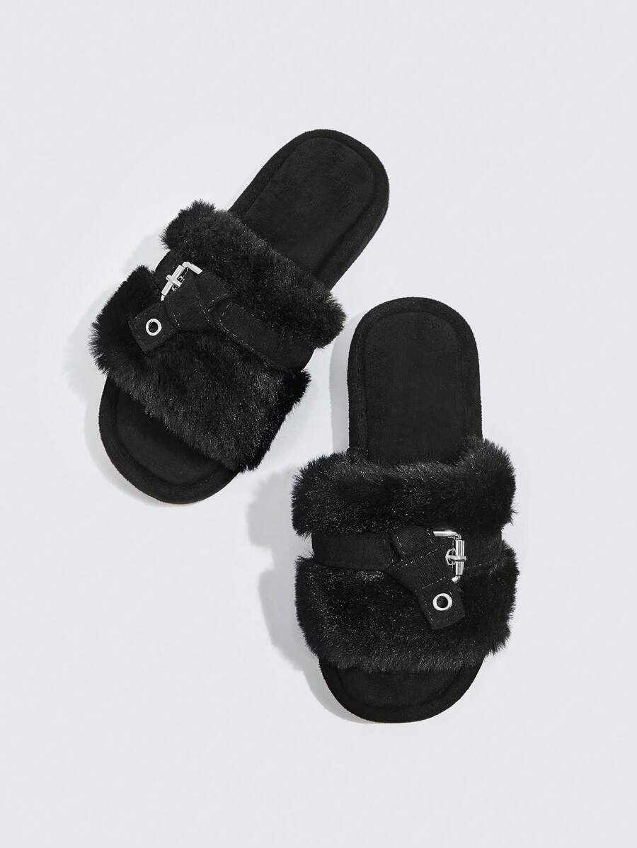 時尚潮流涼爽舒適防滑休閒家居冬季保暖毛絨拖鞋 - 黑色 - 查看 1