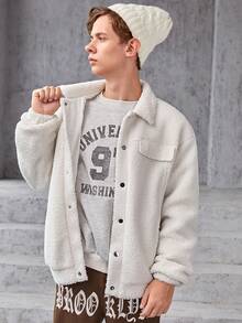 SHEIN Teen Boy Drop Shoulder Flap Detail Teddy Jacket - White - View 5