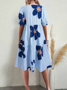 Chiquease Đầm Maxi Tay Phồng In Hoa Có Viền Xếp Ly Cho Nữ - Màu xanh lam - Xem 2