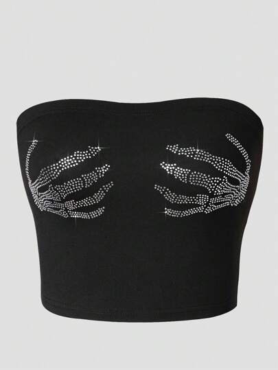 INAWLY 大码女式 Y2K 水钻手工图案修身露脐上衣