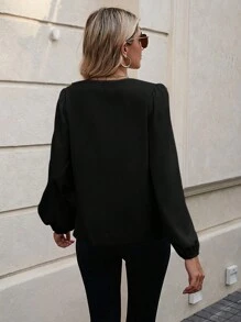 SHEIN LUNE Solid Lantern Sleeve Ruffle Trim Blouse,Long Sleeve Tops - Black - View 2