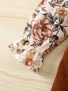 SHEIN 女小童印花荷葉袖上衣和荷葉邊背帶連身褲 - 棕色 - 查看 4