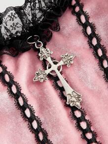 ROMWE Goth Top de terciopelo con camisa interior de contraste con volantes de encaje, camisetas gráficas escolares para mujer