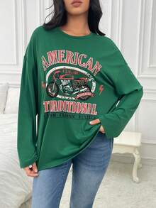 SHEIN EZwear Áo thun trễ vai hình xe máy & chữ cái - màu xanh lá - Xem 2