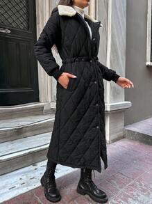 EURMUSE Women's Contrast Color Lapel Long Sleeve Single-Breasted Long Casual Winter Jacket - Black and White - View 5