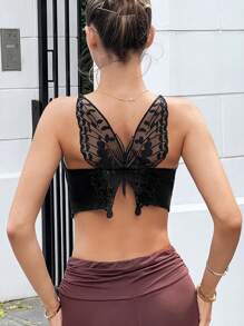 SHEIN ICON 蝴蝶刺繡吊帶短上衣 - 黑色 - 查看 2