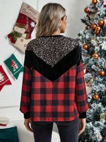 SHEIN Maternity Buffalo Plaid Print Contrast Sequin Drop Shoulder Sweatshirt, For Winter
