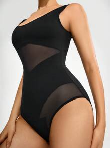 Solid Mesh Insert Shapewear Bodysuit - Black - View 6