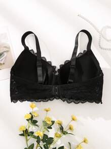 Bragas De Encaje Floral Con Ribete De Borde Festoneado Y Aros Para Tallas Grandes - Negro - Ver 2