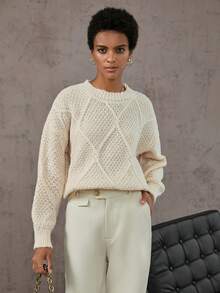 SHEIN LUNE 純色落肩毛衣 - 米色 - 查看 3