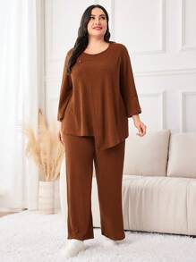 Mulvari Plus Button Detail Asymmetrical Hem Tee & Wide Leg Pants - Coffee Brown - View 3