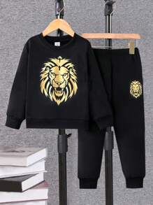 Young Boy Lion Print Sweatshirt & Sweatpants - Black - View 1