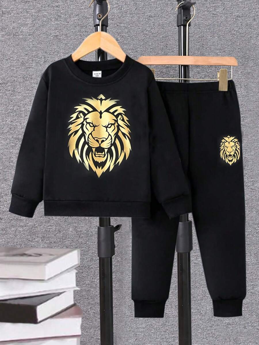 Young Boy Lion Print Sweatshirt & Sweatpants - Black - View 1