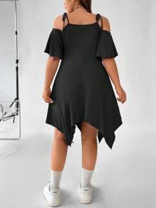 Flirla Talla grande Vestido con cordón delantero de hombros descubiertos bajo asimétrico - Negro - Ver 2