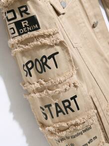 Manfinity Homme 男士长袖标语印花翻盖口袋牛仔夹克（不含T恤），秋季款 - 杏色 - 查看 3