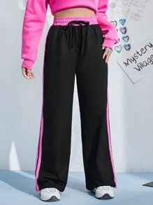 SHEIN EZwear 拼接側邊接縫腰部抽繩長褲 - 彩色 - 查看 3