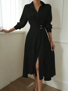 DAZY 素色圍裹襯衫連衣裙 - 黑色 - 查看 3
