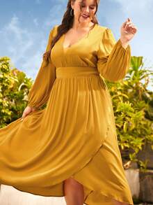 S BETRO Plus Bishop Sleeve Wrap Hem Dress - Yellow - View 4