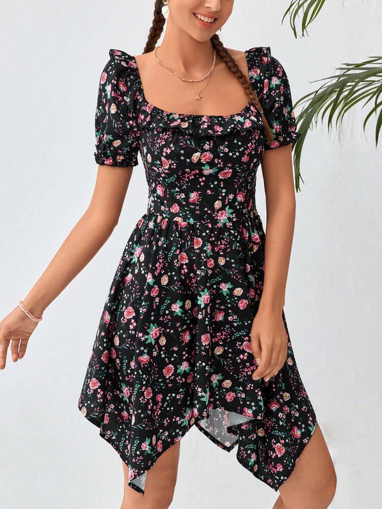 Floral Print Hanky Hem Dress