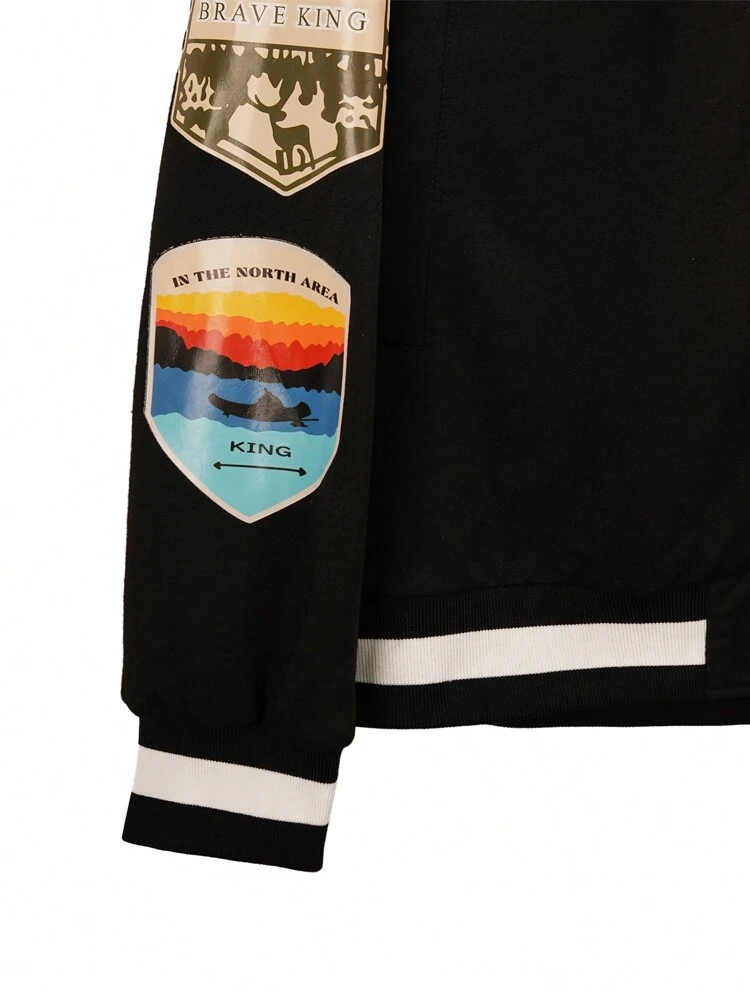 Men Letter Graphic Striped Trim Drawstring Hooded Jacket