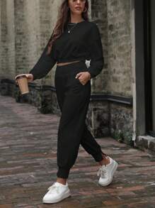 SHEIN LUNE Sudadera corta con hombros caídos unicolor - Negro - Ver 7