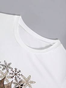 SHEIN LUNE 圣诞印花 T 恤 图案 T 恤 女式上衣 - 白色 - 查看 4
