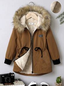 SHEIN 男小童毛茸邊連帽加絨內裏外套 - 棕色 - 查看 2